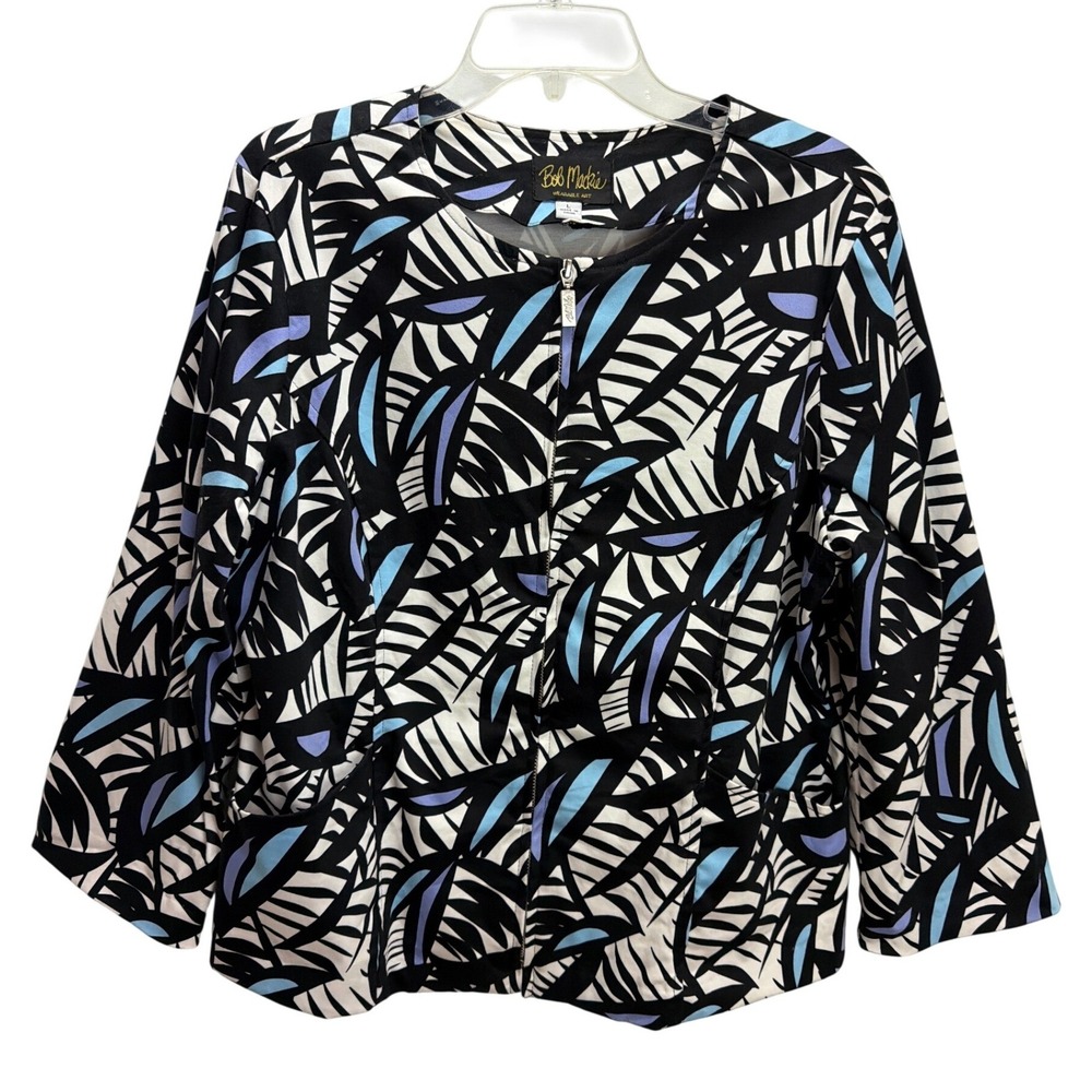 Bob Mackie Geometric Print Full Zip Blazer Jacket L Wearable Art Pockets